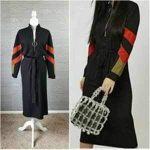 ZARA // half zip up front retro style color block belted midi length dress
